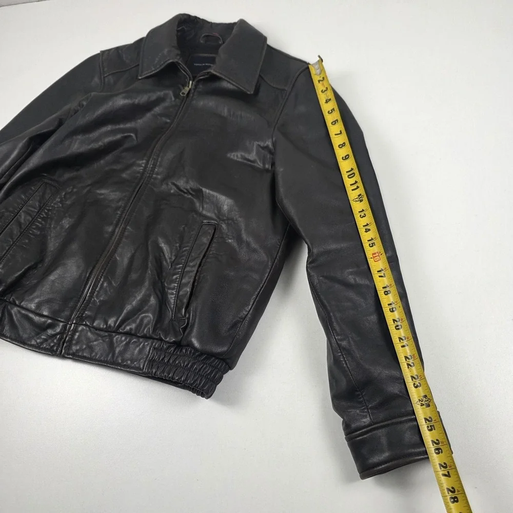 Tommy Hilfiger Jacket Mens Medium Brown Leather Bomber Plaid Lined Full Zip